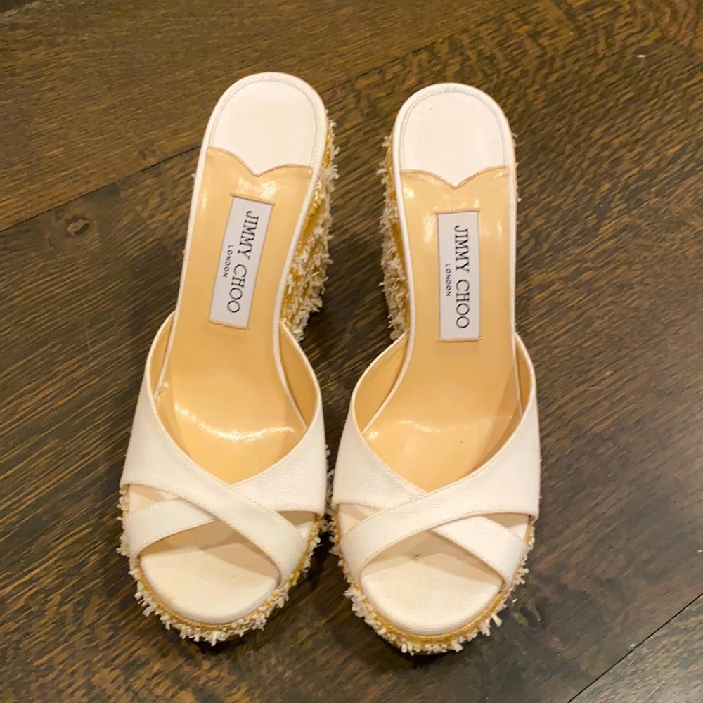 Jimmy Choo white & tan Wedges.  Never worn!!